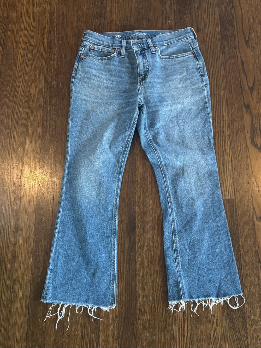 J. Crew Medium Blue Flare Jeans with Frayed Hem